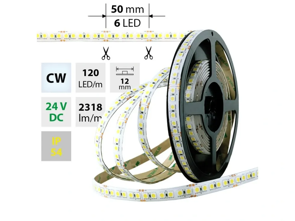LED pásek SMD5050 CW, 120LED/m, 28,8W/m, 2318lm/m, IP54, DC 24V, 12mm, 5m Přímo Od Výrobce