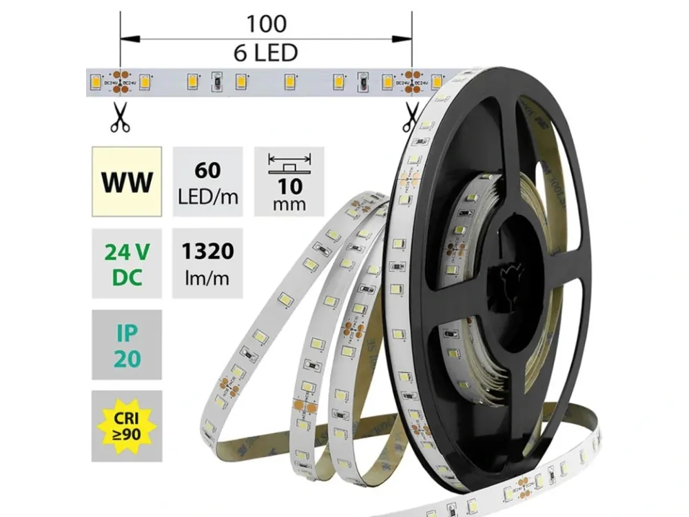 LED pásek SMD2835 WW, 60LED/m, 14,4W/m, 1224lm/m, IP20, DC 24V, 10mm, 5m Akční Nabídka