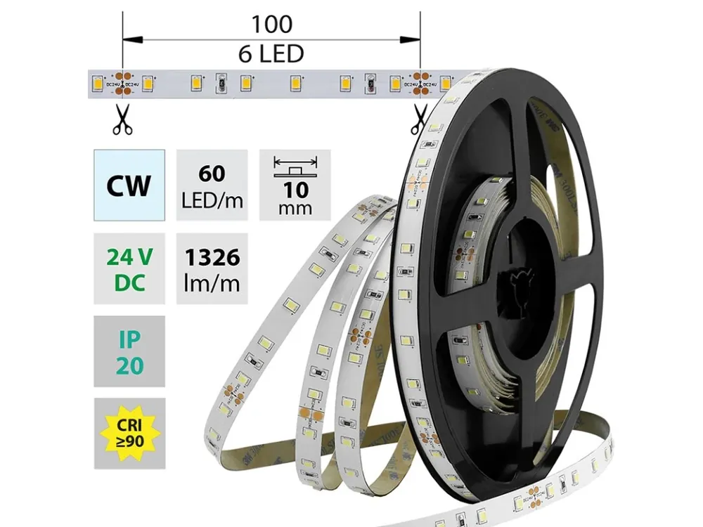 LED pásek SMD2835 CW, 60LED/m, 14,4W/m, 1326lm/m, IP20, DC 24V, 10mm, 5m Nejlepší Volba