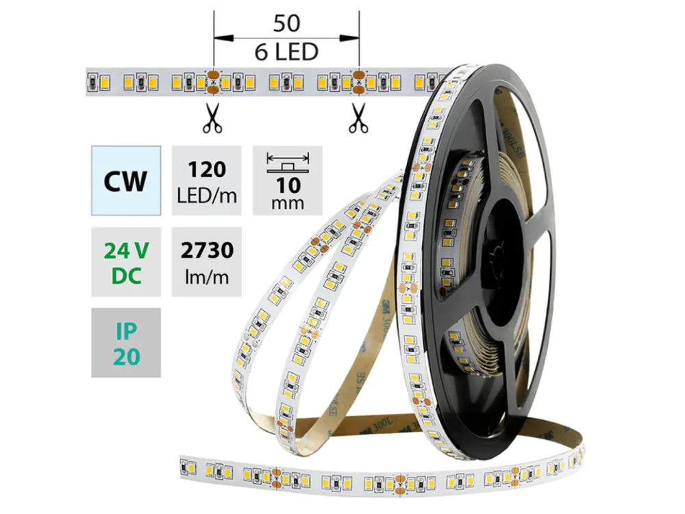 LED pásek SMD2835 CW, 120LED/m, 28,8W/m, 2653lm/m, IP20, DC 24V, 10mm, 5m Oblíbený