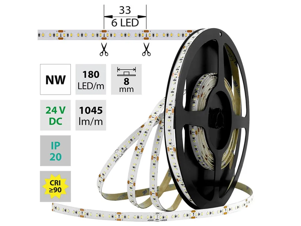 LED pásek SMD2216 NW, 180LED/m, 12W/m, DC 24V, 1045lm/m, CRI90, IP20, 8mm, 5m Pouze Dnes