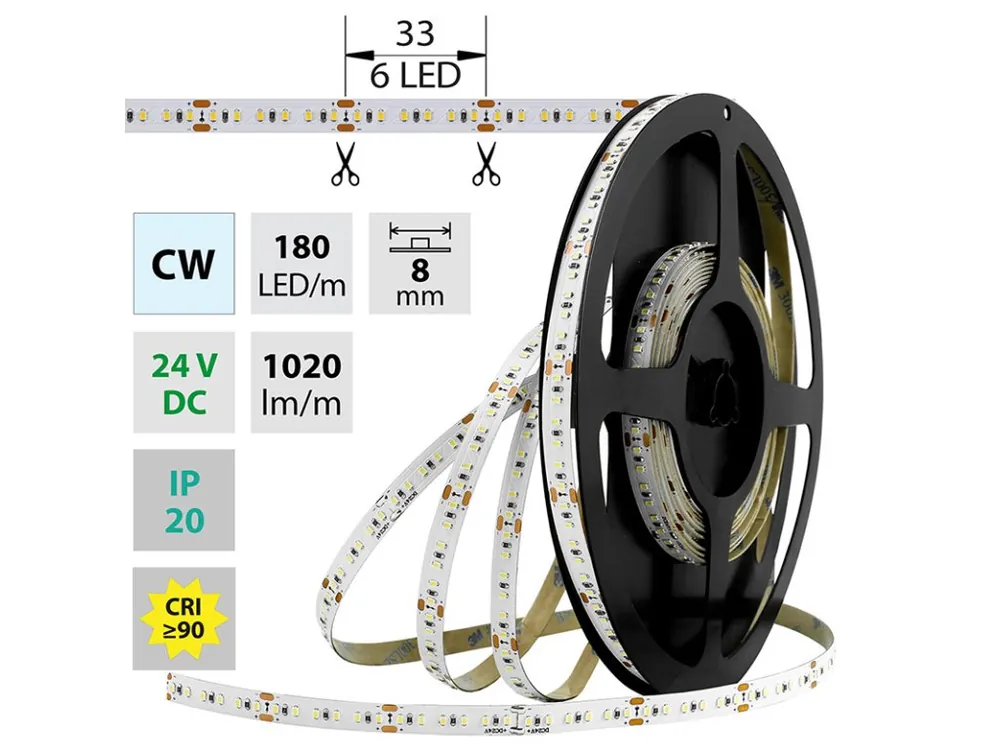 Ověřený LED pásek SMD2216 CW, 180LED/m, 12W/m, 1020lm/m, IP20, DC 24V, 8mm, 5m