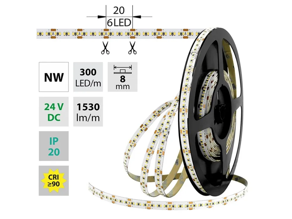 Ihned K Objednání LED pásek SMD2216 NW, 300LED/m, 18W/m, 1530lm/m, IP20, DC 24V, 8mm, 5m