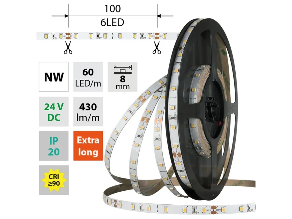 LED pásek SMD2835 NW, 60LED/m, 4,8W/m, DC 24V, 430lm/m, CRI90, IP20, 8mm, 5m Koupit Online
