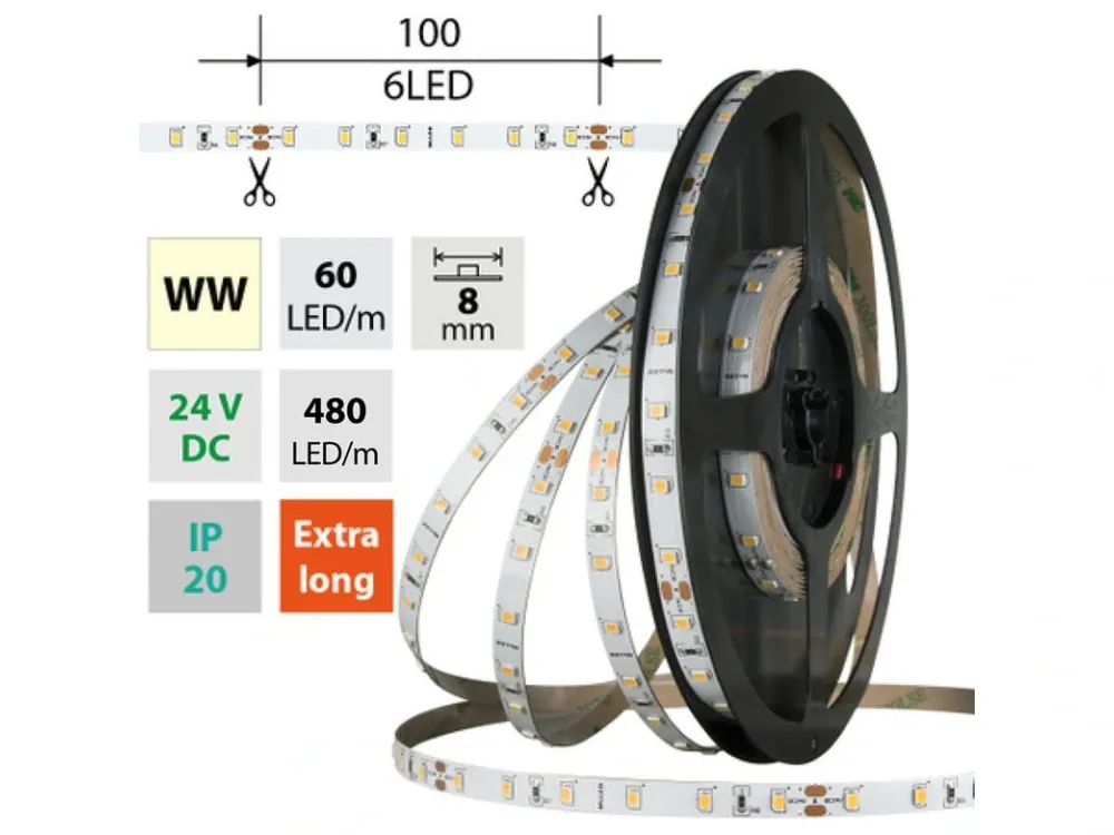 Ihned K Objednání LED pásek SMD2835 WW, 60LED/m, 4,8W/m, DC 24V, 400lm/m, CRI90, IP20, 8mm, 5m