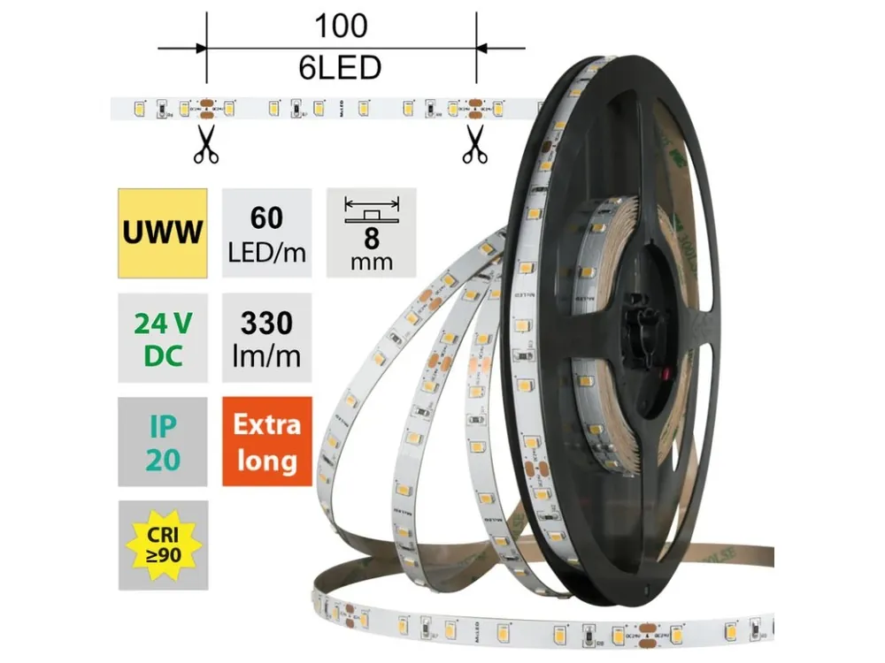 LED pásek SMD2835 UWW, 60LED/m, 4,8W/m, DC 24V, 330lm/m, CRI90, IP20, 8mm, 5m Expresní Doručení