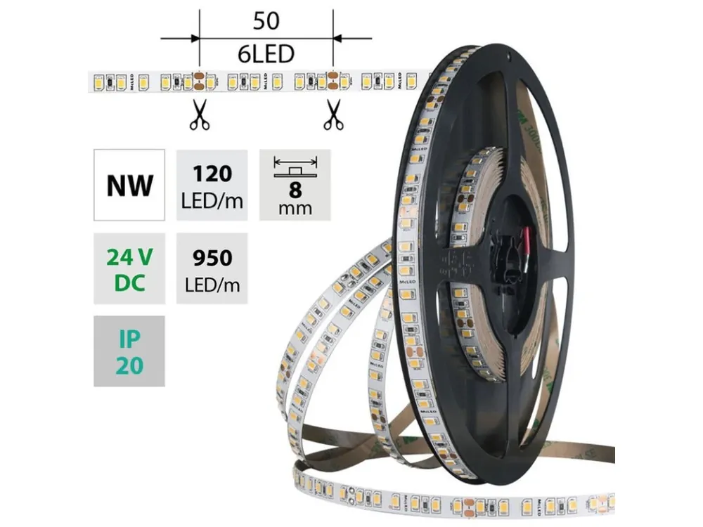 LED pásek SMD2835 NW, 120LED/m, 9,6W/m, DC 24V, 880lm/m, CRI90, IP20, 8mm, 5m Výhodná Nabídka