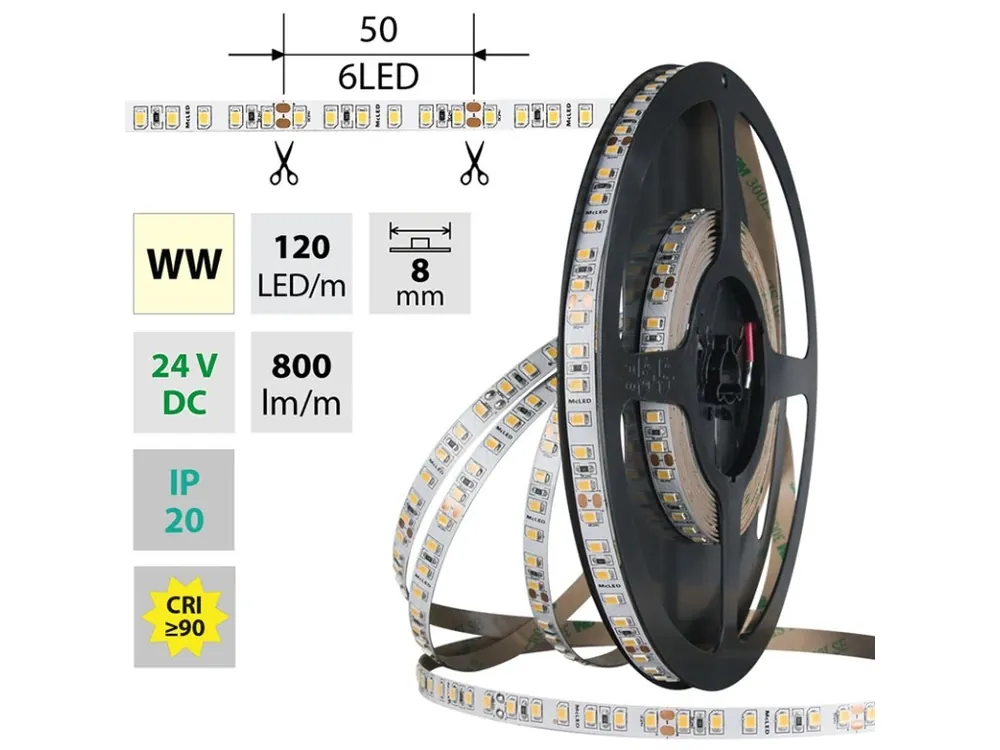 Vysoce Kvalitní LED pásek SMD2835 WW, 120LED/m, 9,6W/m, DC 24V, 800lm/m, CRI90, IP20, 8mm, 5m