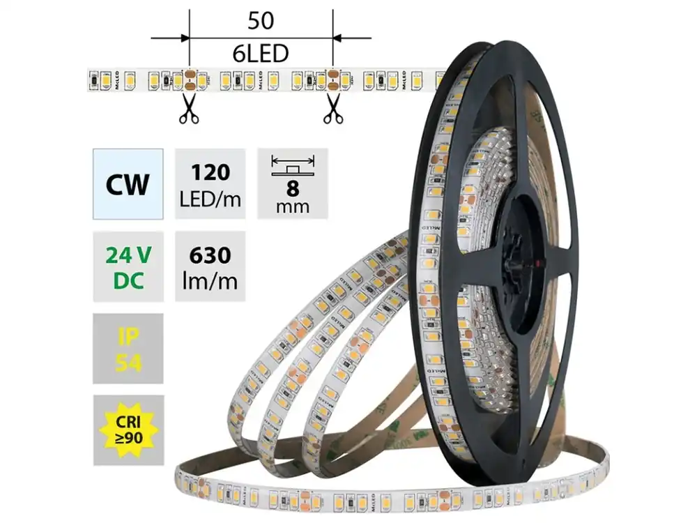 Akční Nabídka LED pásek SMD2835 CW, 120LED/m, 9,6W/m, DC 24V, 630lm/m, CRI90, IP54, 8mm, 5m