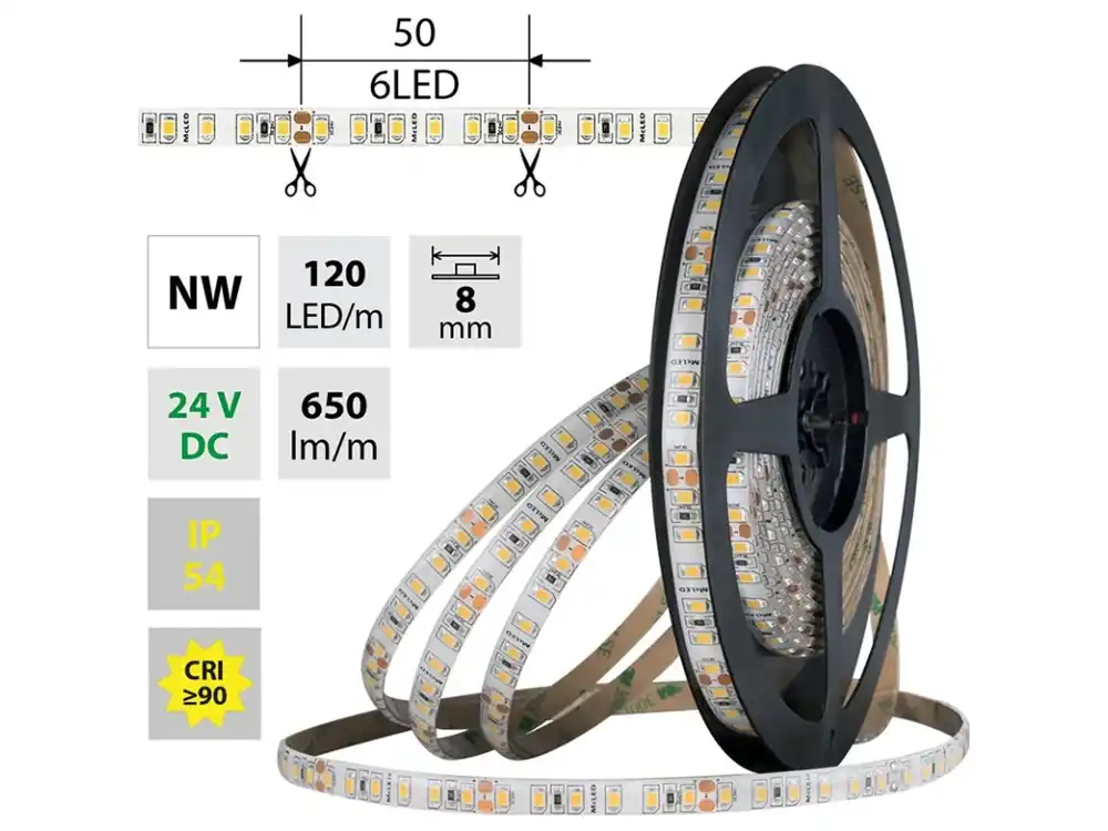 LED pásek SMD2835 NW, 120LED/m, 9,6W/m, DC 24V, 650lm/m, CRI90, IP54, 8mm, 5m Nejlepší Cena