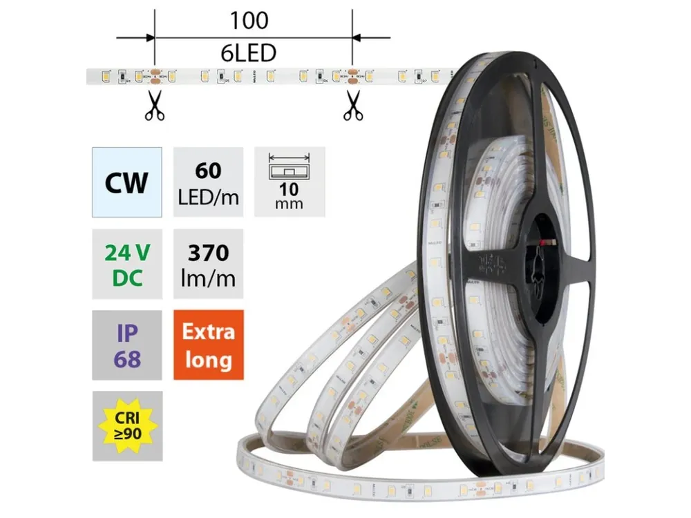 Nízká Cena LED pásek SMD2835 CW, 60LED/m, 4,8W/m, DC 24V, 370lm/m, CRI90, IP68, 10mm, 5m