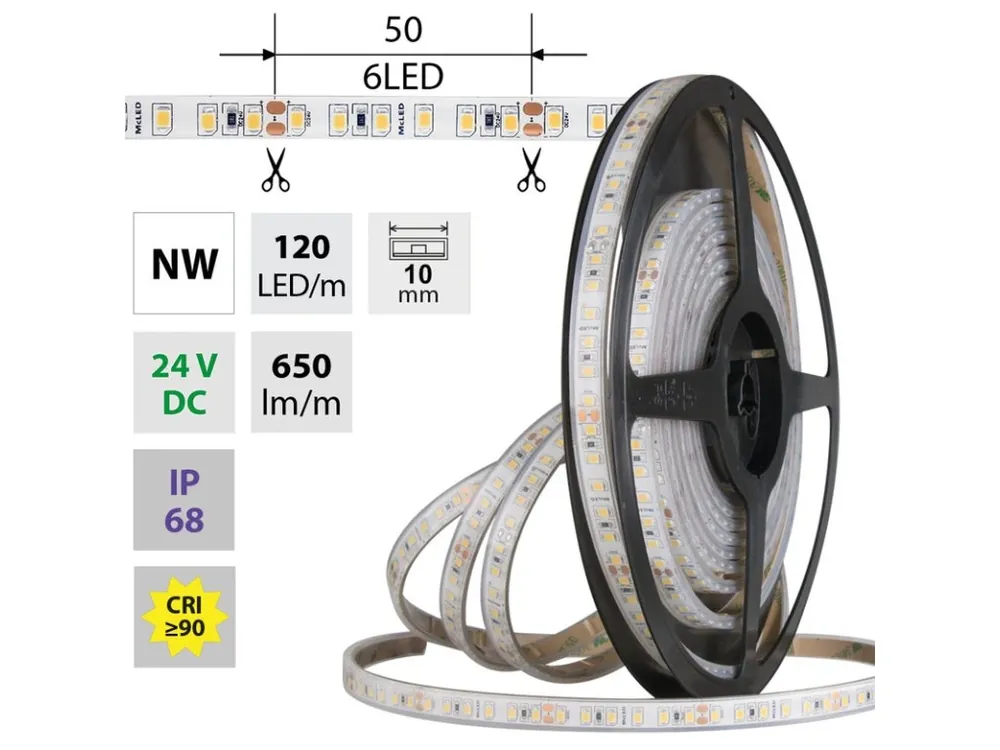Přímo Od Výrobce LED pásek SMD2835 NW, 120LED/m, 9,6W/m, DC 24V, 650lm/m, CRI90, IP68, 10mm, 5m