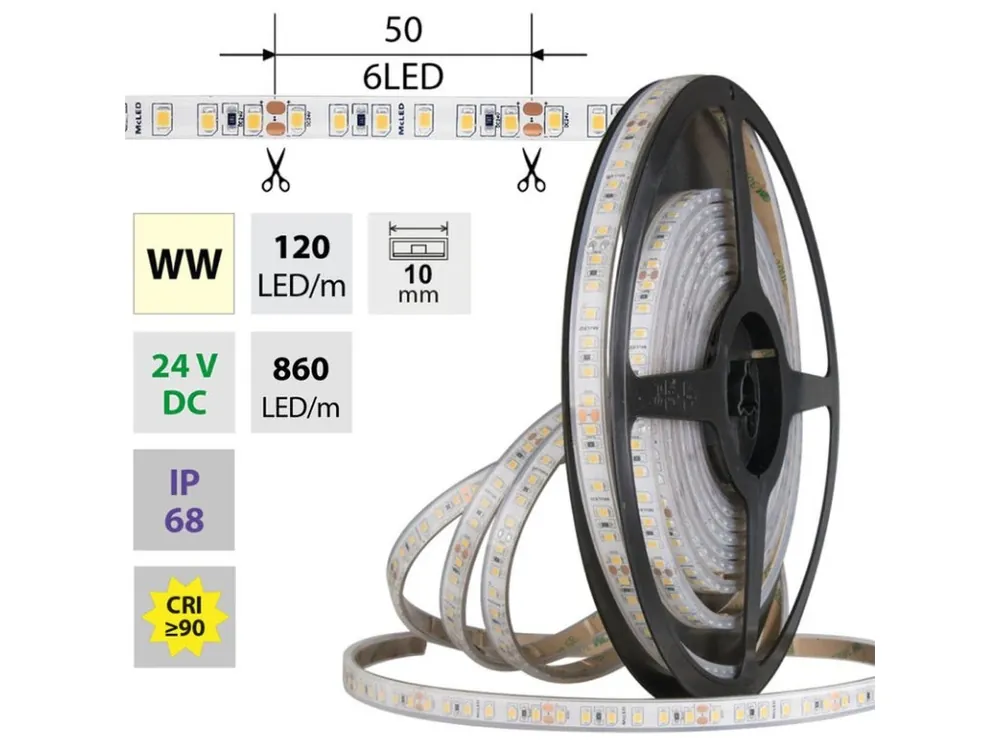 LED pásek SMD2835 WW, 120LED/m, 9,6W/m, DC 24V, 610lm/m, CRI90, IP68, 10mm, 5m Nejprodávanější