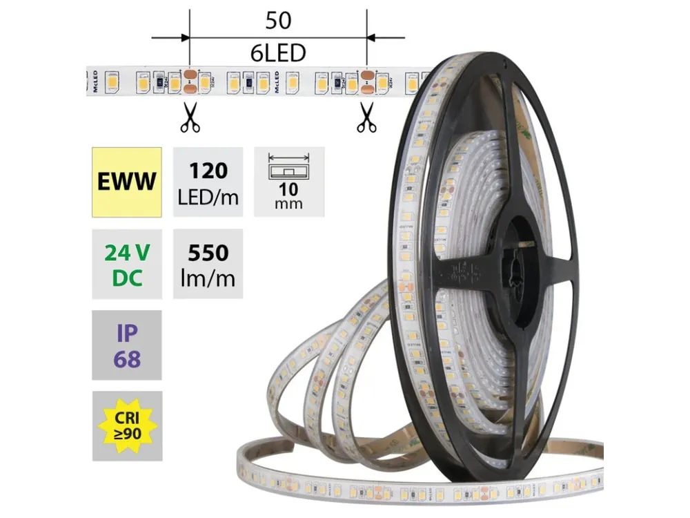 LED pásek SMD2835 EWW, 120LED/m, 9,6W/m, DC 24V, 550lm/m, CRI90, IP68, 10mm, 5m Aktuální