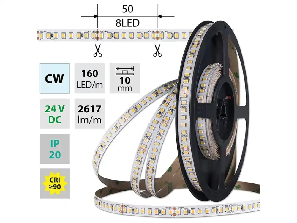 LED pásek SMD2835 CW, 160LED/m, 19,2W/m, DC 24V, 2617lm/m, CRI90, IP20, 10mm, 5m Akce