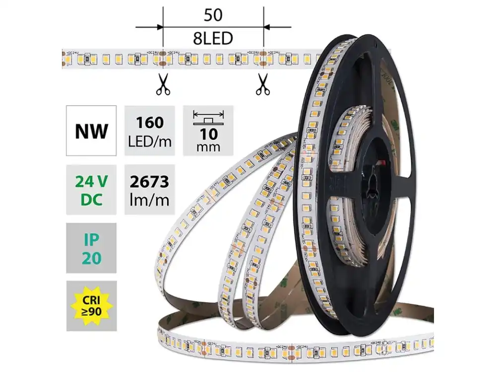 LED pásek SMD2835 NW, 160LED/m, 19,2W/m, DC 24V, 2673lm/m, CRI90, IP20, 10mm, 5m Cenová Bomba