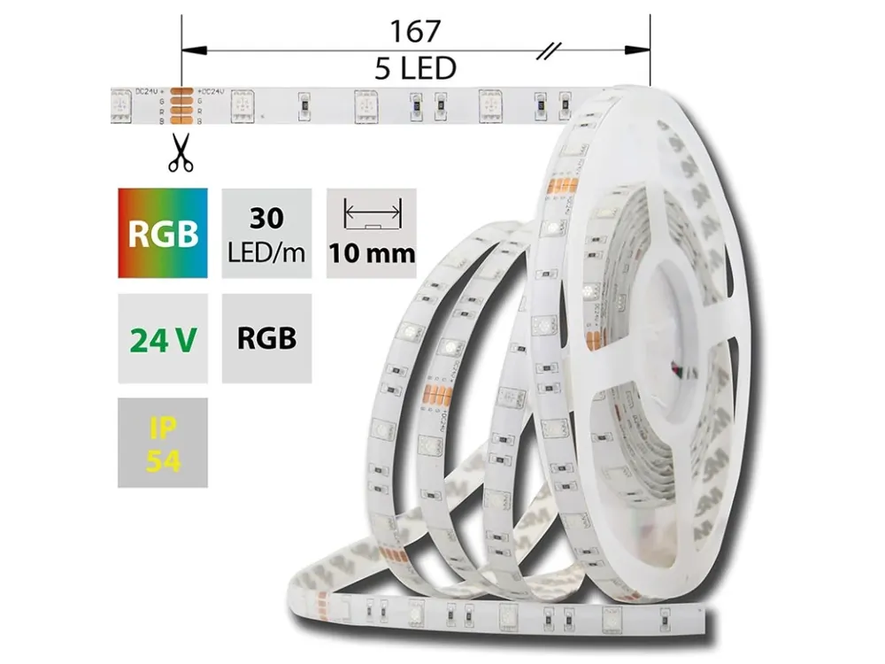 LED pásek SMD5050 RGB, 30LED/m, 8,5W/m, DC24V, 248lm/m, IP54, 10mm, 5m Značkový