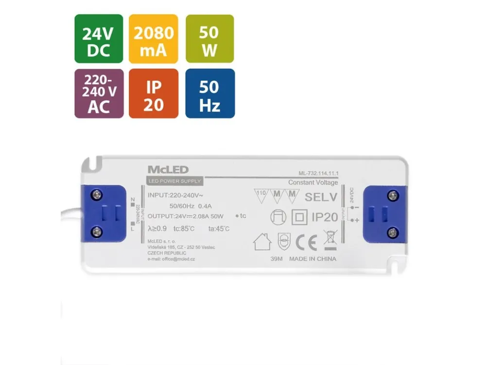 Napájecí zdroj 50W, DC24V/2,08A, IP20, plastové provedení se svorkovnicí a bílým přívodním kabelem 2m Autentický