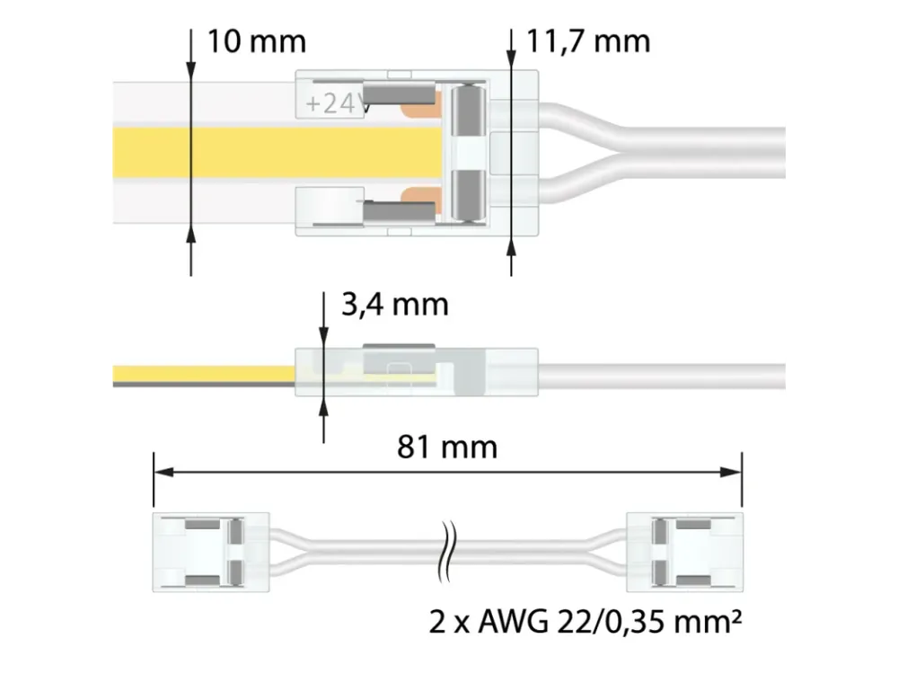 Nízká Cena Flexibilní spojka dvou jednobarevných LED pásků šíře 10 mm, 2 piny, délka propoje 5 cm, max. 3,5 A