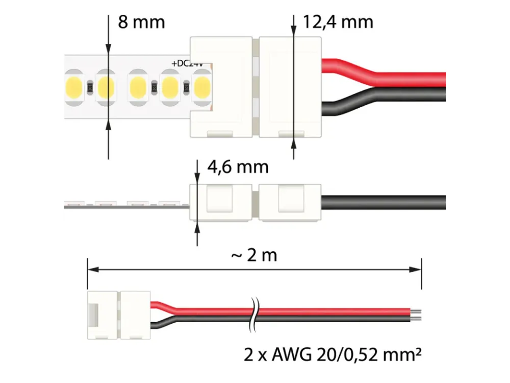 Připojovací konektor jednobarevných LED pásků šíře 8 mm, 2 piny, délka 2 metry, 20AWG, pro 120x3528 Speciální Cena