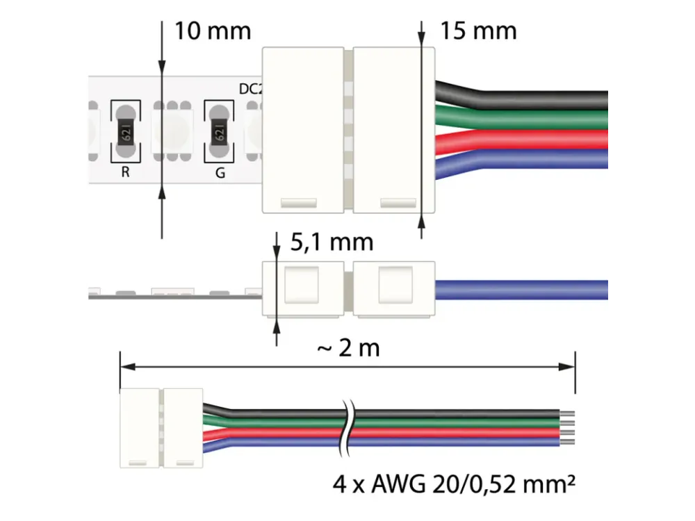 Připojovací konektor RGB LED pásků šíře 10 mm, 4 piny, délka 2 metry, 20AWG Rychlé Dodání