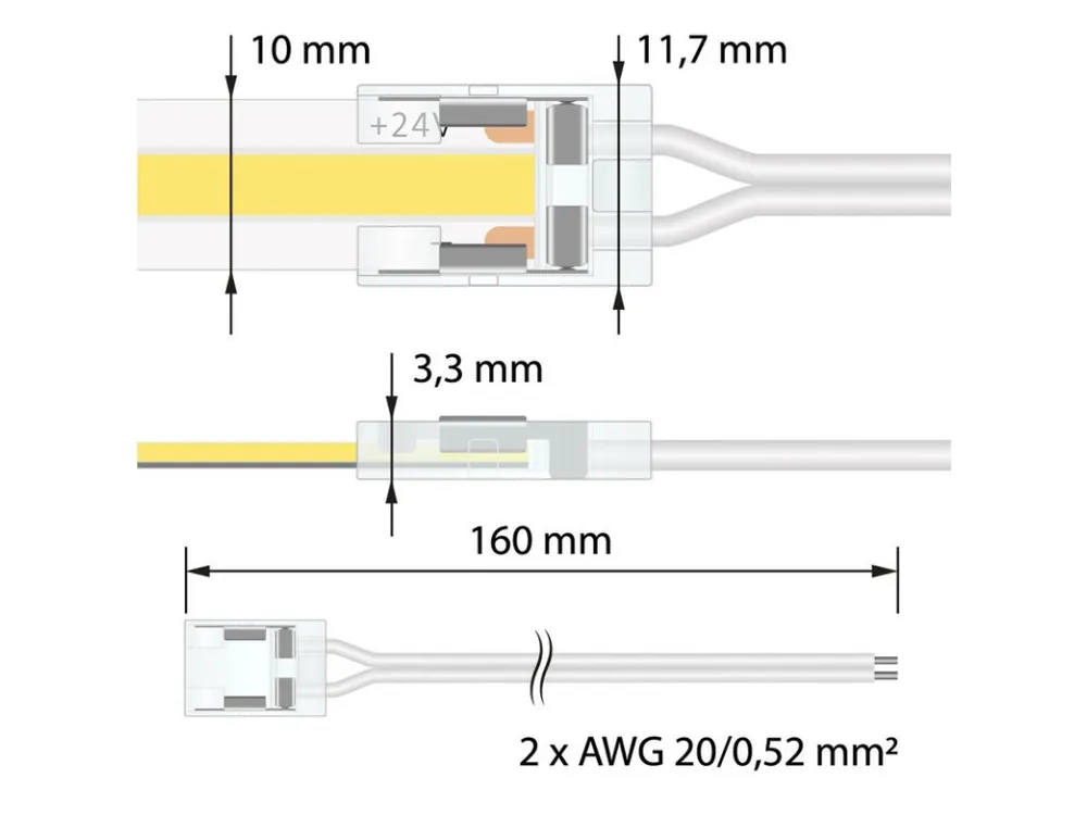 Připojovací konektor jednobarevných LED pásků šíře 10 mm, 2 piny, délka 150 mm, 20AWG, vodiče bílé, max. 3,5 A Poslední Šance