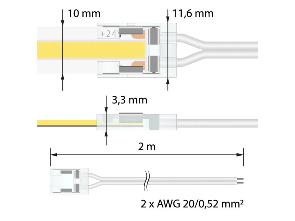 Připojovací konektor jednobarevných LED pásků šíře 10 mm, 2 piny, délka 2 metry, 20AWG, vodiče bílé, max. 3,5 A Nejlepší Volba