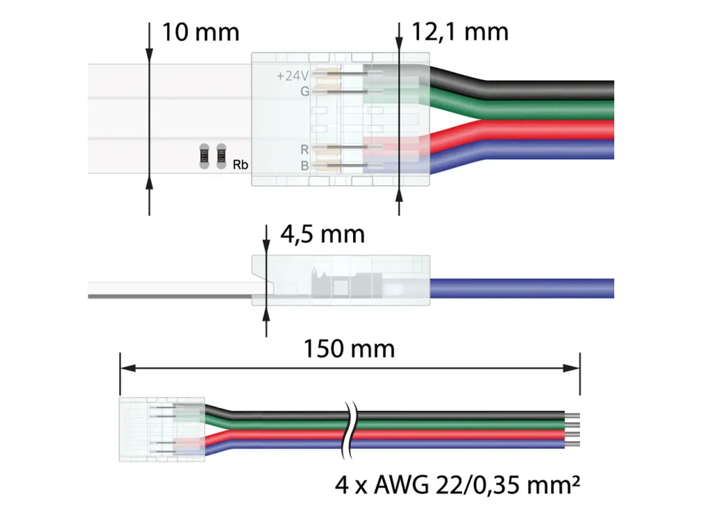Připojovací konektor RGB LED pásků šíře 10 mm, 4 piny, délka 150 mm, kabel 22AWG/0,35mm2, vodiče červená/zelená/modrá/černá, max. 3,5 A Akce
