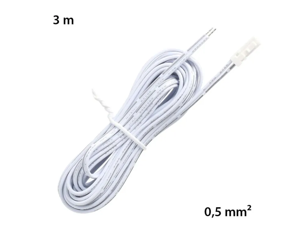 Připojovací kabel s 91505-MP konektorem (vidlice), 3m kabel AWG22/0,33mm2, bílý, volný konec 5mm, 12-24V max. 3A Nejlepší Cena